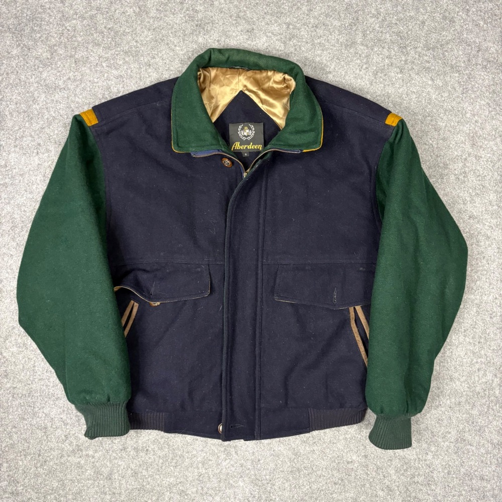 Aberdeen Mens Wool Bomber Jacket Small Navy Green Varsity Colorblock Full Zip